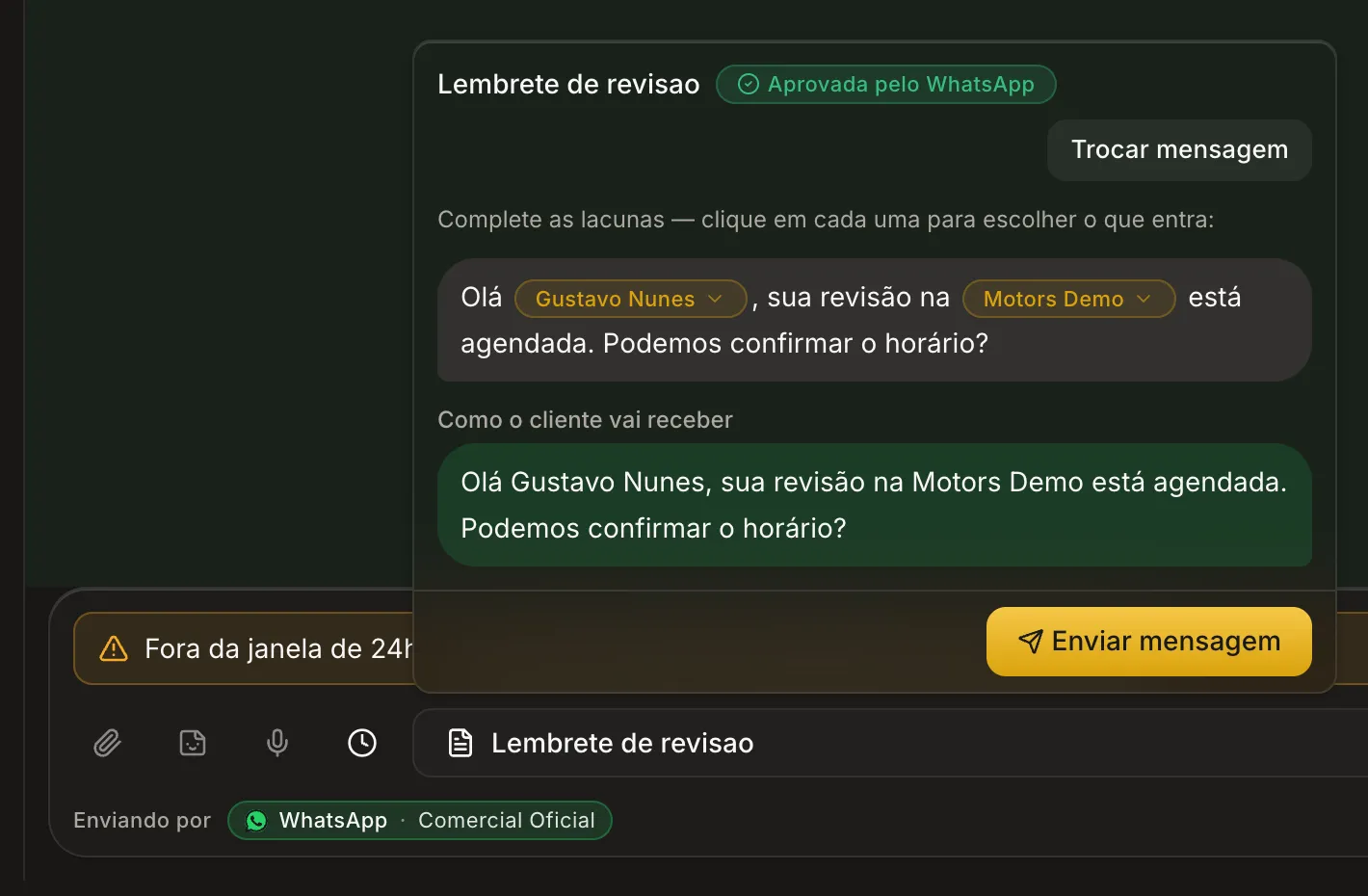 Modal de reabertura de conversa no Apex AI, preenchendo lacunas de um template aprovado antes de enviar a mensagem