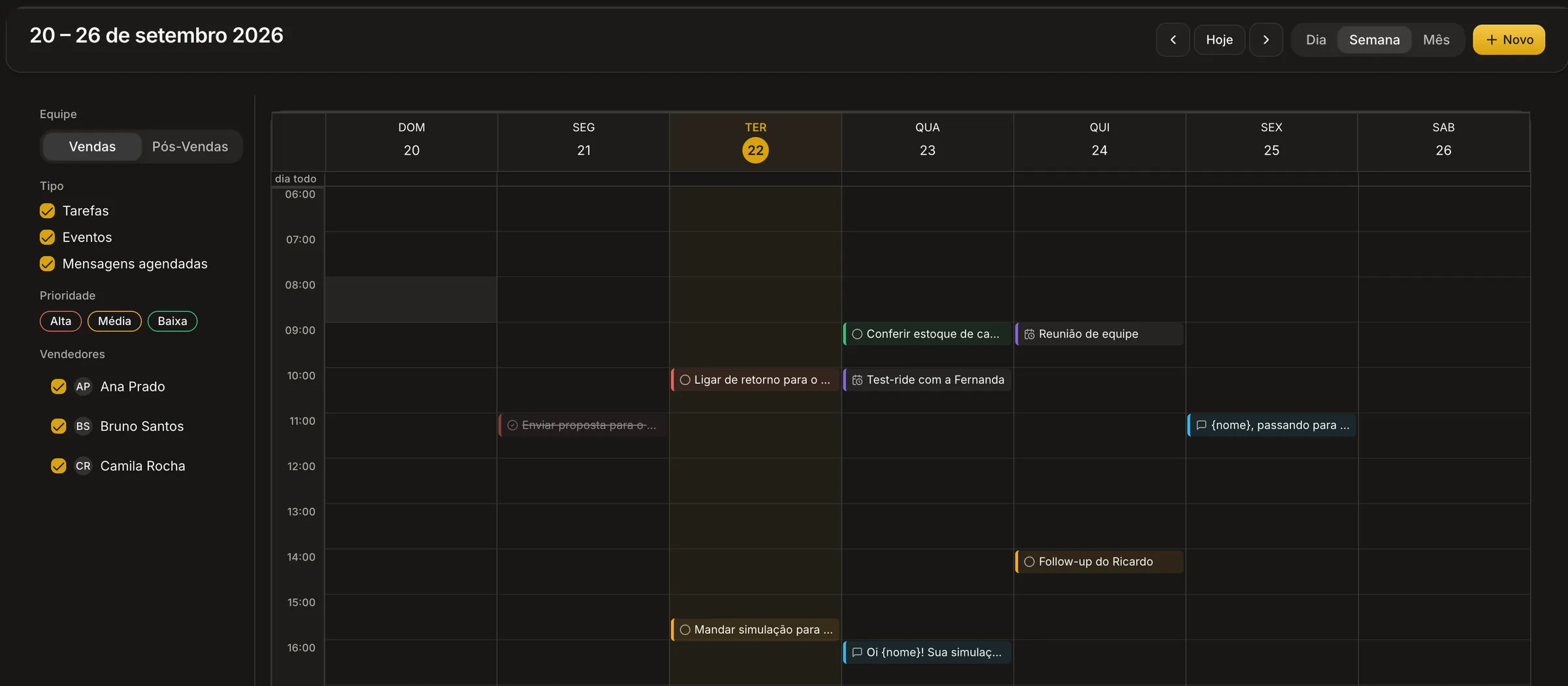 Agenda semanal do Apex AI com tarefas, visitas e mensagens agendadas por vendedor