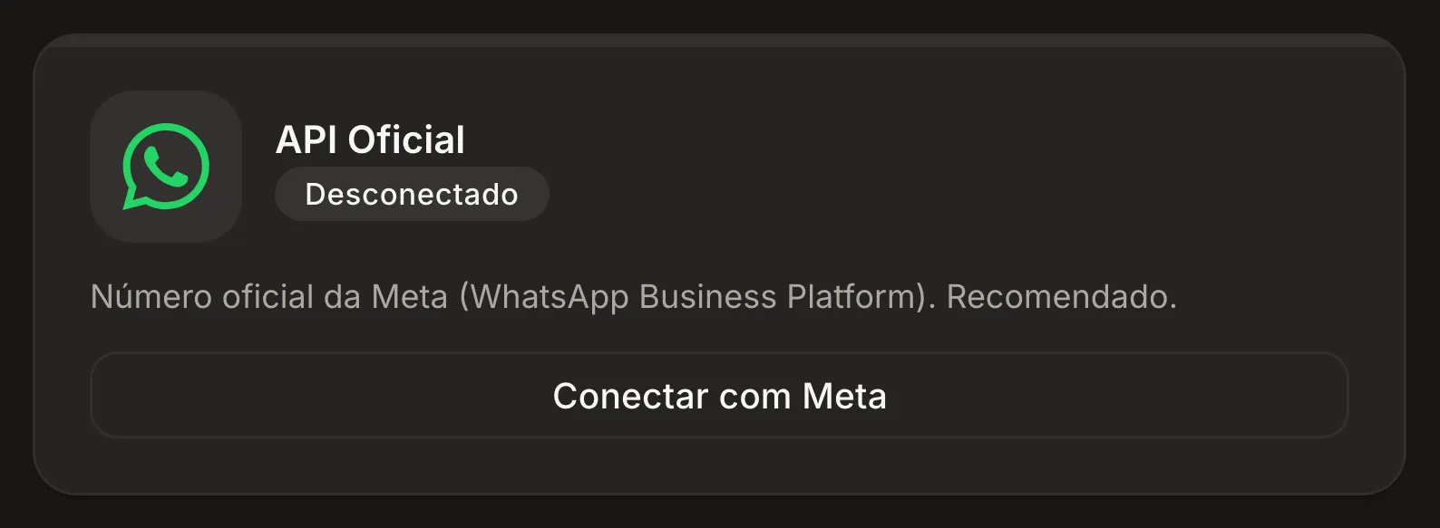 Tela de Integrações do Apex AI com o card do WhatsApp oficial da Meta pronto para conectar