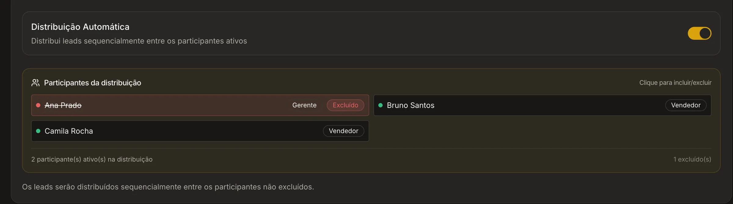 Tela de equipe do Apex AI mostrando o rodízio automático de distribuição de leads entre vendedores