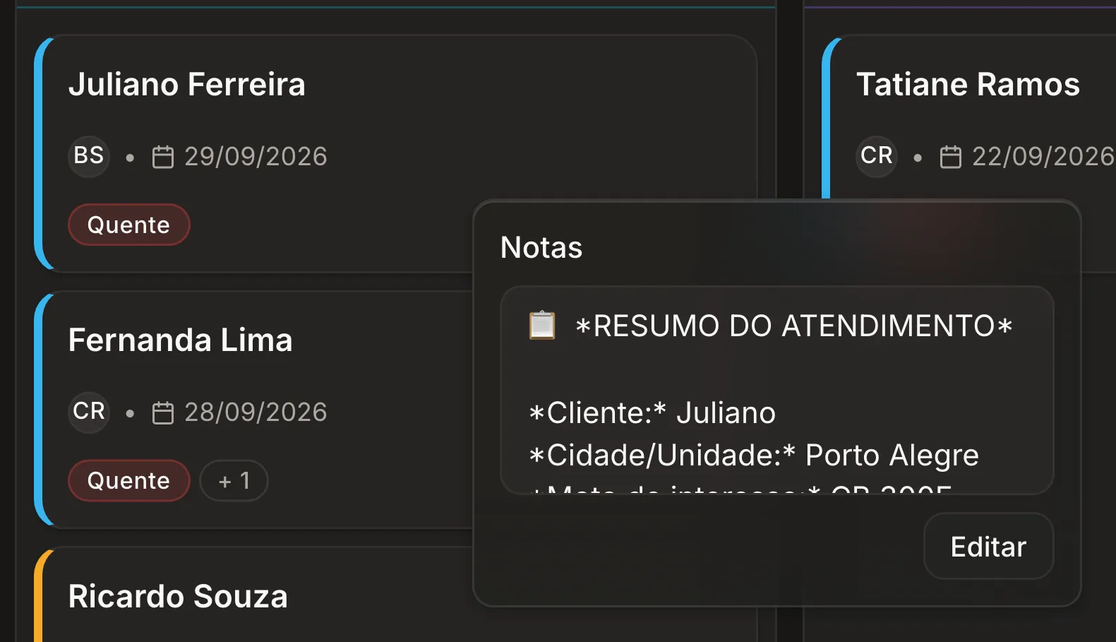 Card do lead Juliano no funil do Apex AI com a etiqueta aplicada na transferência e as notas mostrando o resumo do atendimento gerado pela Jaque