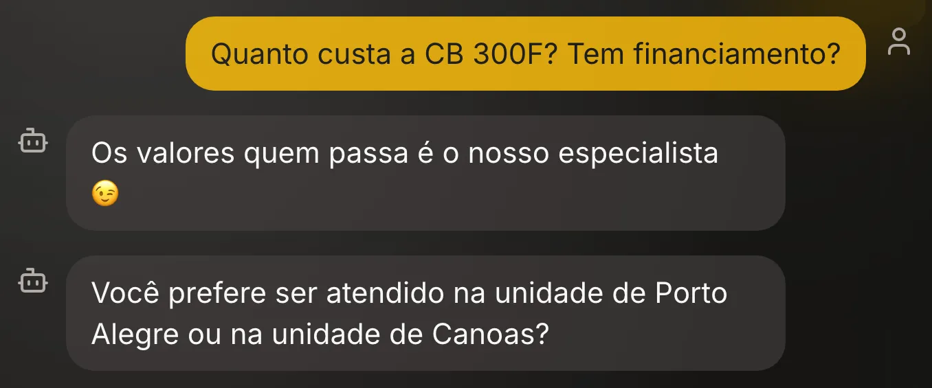 Conversa da Jaque no Apex AI: o cliente pergunta o preço da moto, a Jaque responde que quem passa valores é o especialista e já pergunta em qual unidade ele quer ser atendido