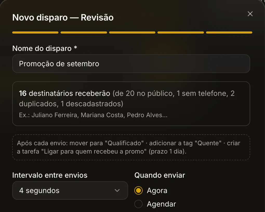 Tela de revisão de um disparo em massa no Apex AI, com destinatários e intervalo entre envios