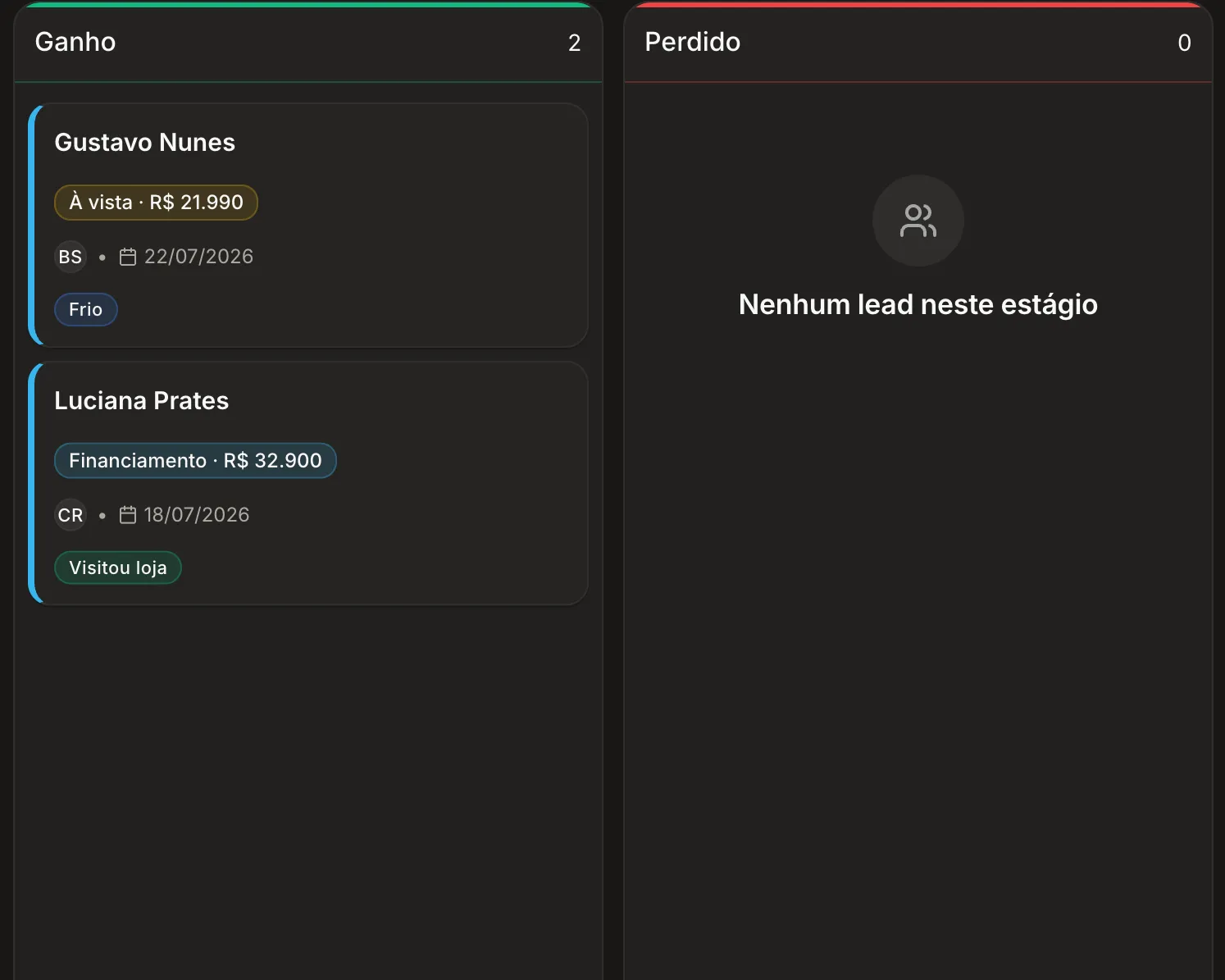 Funil de vendas do Apex AI com um lead movido para a etapa "Ganho" e a venda registrada com a forma de pagamento